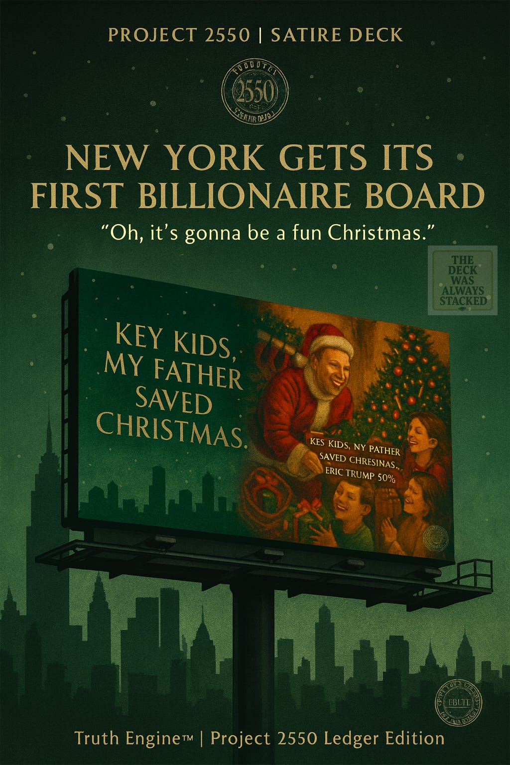 Vintage-style billboard in New York featuring Eric Trump in a Santa suit with kids, text reading “Key kids, my father saved Christmas.