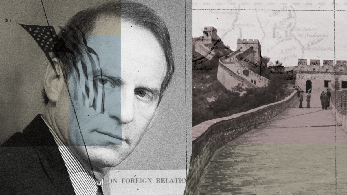 A grayscale collage features a man’s portrait overlapped with an American flag and a document related to U.S. policy, next to an image of the Great Wall of China with two people walking. A grayscale collage features a man’s portrait overlapped with an American flag and a document related to U.S. policy, next to an image of the Great Wall of China with two people walking.