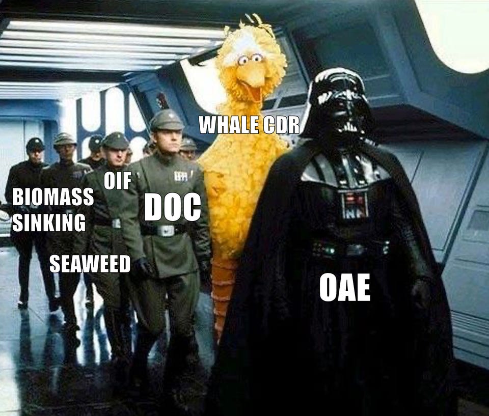Star Wars still of Darth Vader, labelled "OAE," leading a group of Imperial officers labelled "Biomass sinking," "Seaweed," "OIF" and "DOC," with Big Bird among them labelled "Whale CDR."