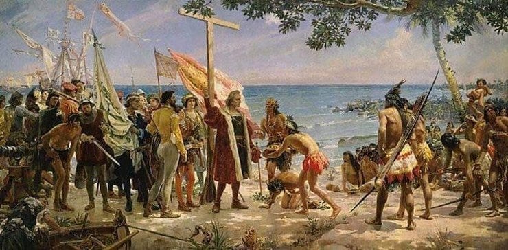 De aankomst van Columbus in de 'nieuwe wereld' (in dit geval een eiland van de Bahama's), geschilderd in 1892 door de Spaanse schilder JosƩ Garnelo. De aankomst van Columbus in de 'nieuwe wereld' (in dit geval een eiland van de Bahama's), geschilderd in 1892 door de Spaanse schilder JosƩ Garnelo.