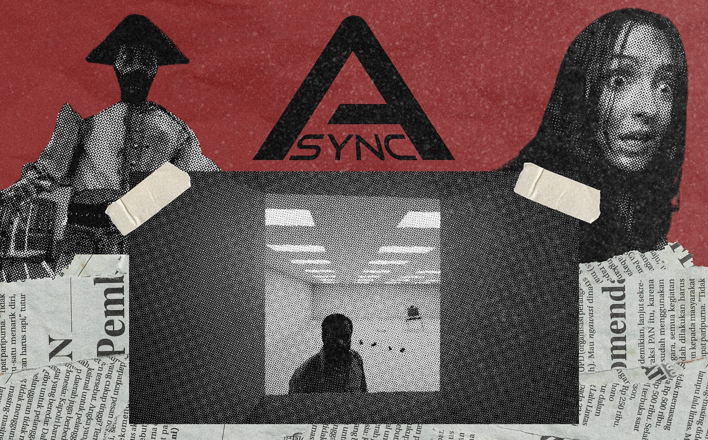Backrooms essay thumbnail featuring the Async logo, Clark, torn newspaper textures, and a silhouetted figure inside the liminal yellow hallways.