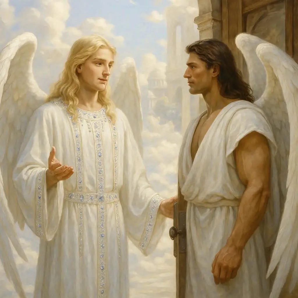 A handsome and very beautiful angel that has long blonde hair and wears a white robe that is adorned in jewels has answer the front door to his castle and is speaking with another angel that is very strong/muscular and has long brown hair and wears white robes. realistic. heavenly. in heaven