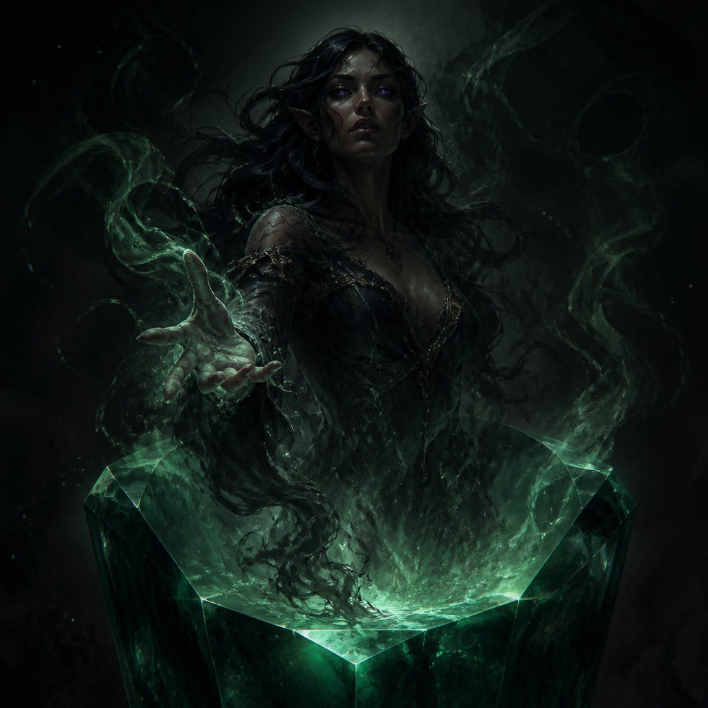 Shadowy emerald-born sorceress emerging...