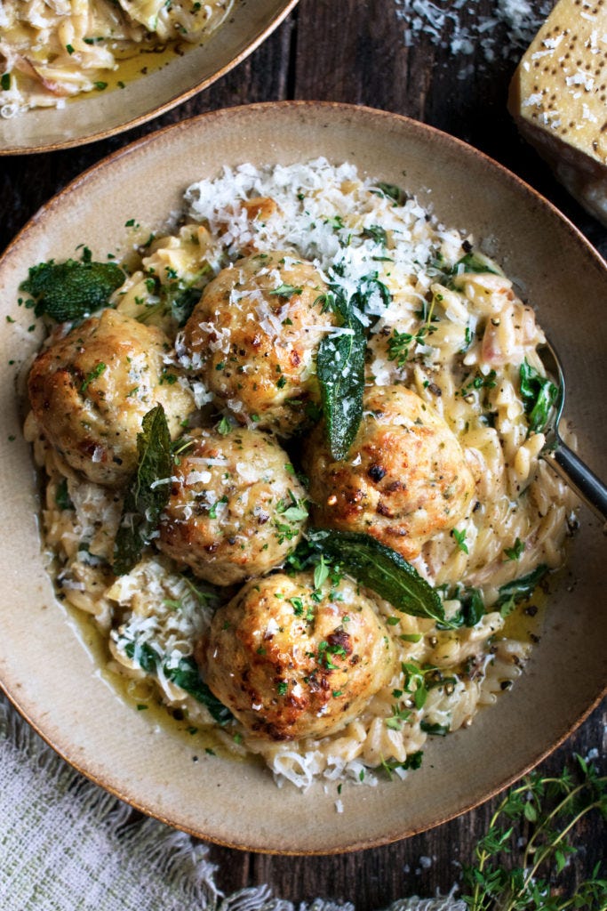 Baked Sage Chicken Meatballs with Parmesan Orzo