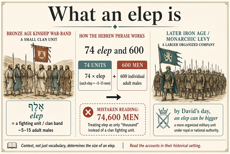 Title: Diagram showing an elep as a small kinship war-band versus the mistaken reading of 74,600 men - Description: Diagram showing an elep as a small kinship war-band versus the mistaken reading of 74,600 men