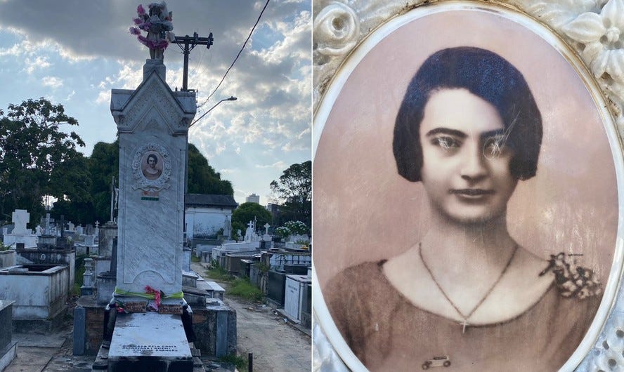 Túmulo de Josephina Conte, em cemitério de Belém, e a foto que teve os olhos riscados