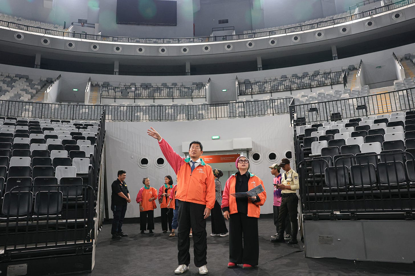 Presiden Fédération Internationale de Gymnastique (FIG), Morinari Watanabe (left), and Chairwoman of the Indonesian Gymnastics Federation, Ita Yuliati, visited Indonesia Arena, Gelora Bung Karno, Jakarta, to review the venue’s readiness to host the 53rd FIG Artistic Gymnastics World Championships.