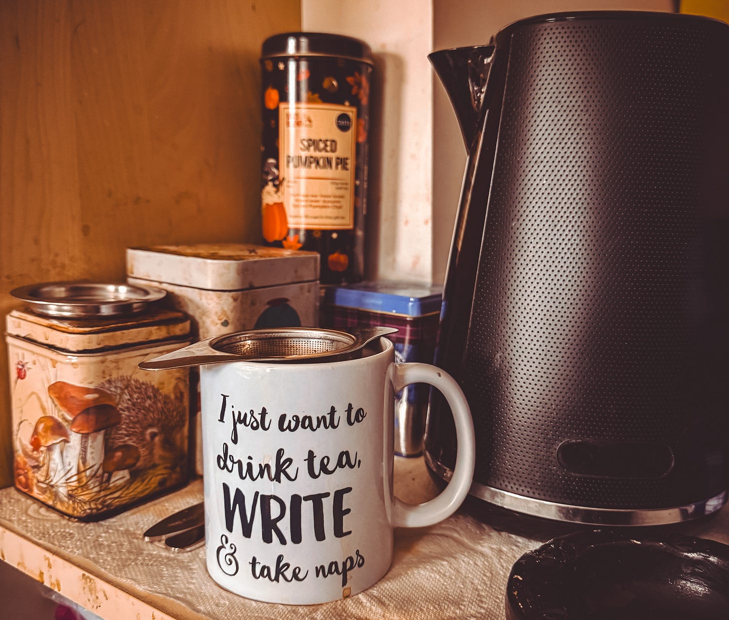 An assortment of tea tins are sitting on the left of a countertop, with a black kettle to the right. In the foreground is a white mug with a silver tea strainer sitting in it. The words on the mug read, “I just want to drink tea, write & take naps”.