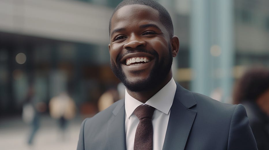 Black man on his way to his executive job, as pictured by Midjourney. Black man on his way to his executive job, as pictured by Midjourney.