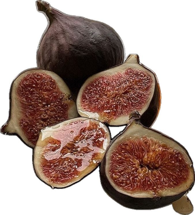 This may contain: figs cut in half on a white background