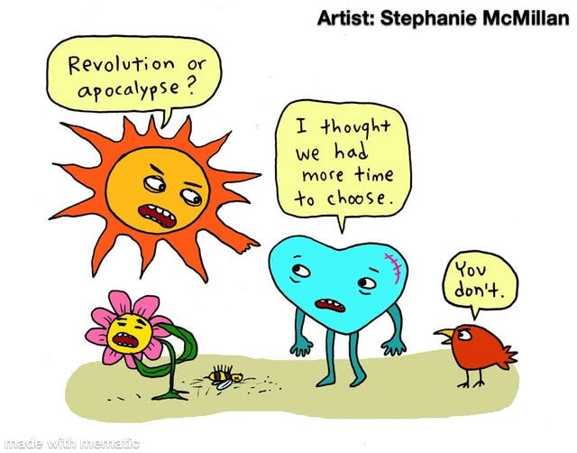 May be a doodle of text that says 'Artist: Stephanie McMillan Revolution or apocalypse? 2 I thought we had more time to choose. You don't. made madewithmematic with mematic'