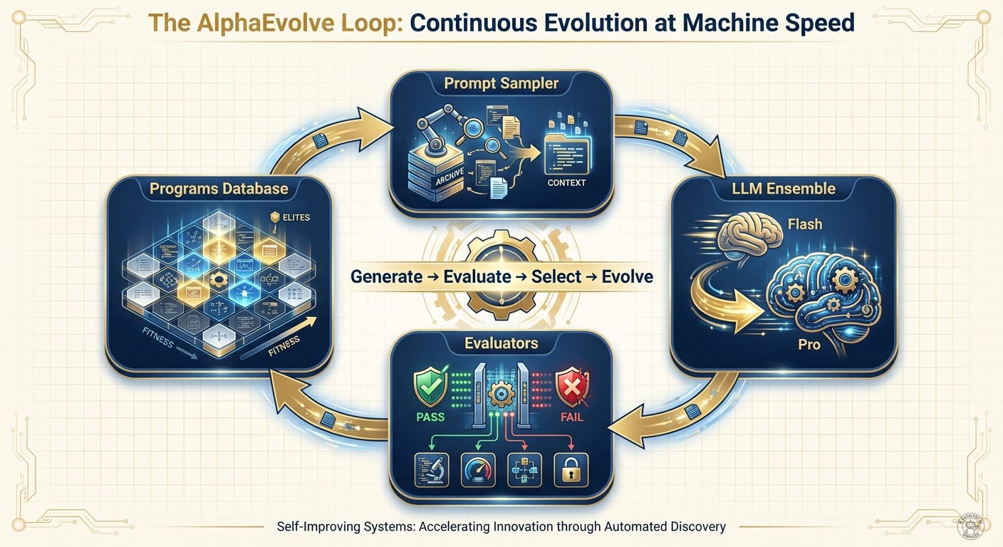 Circular diagram of the AlphaEvolve loop: Generator (Gemini LLM ensemble) proposes variations, Evaluator scores against fitness criteria, Selector keeps winners and breeds next generation, continuous cycle running 24/7 at machine speed, clean infographic style Circular diagram of the AlphaEvolve loop: Generator (Gemini LLM ensemble) proposes variations, Evaluator scores against fitness criteria, Selector keeps winners and breeds next generation, continuous cycle running 24/7 at machine speed, clean infographic style