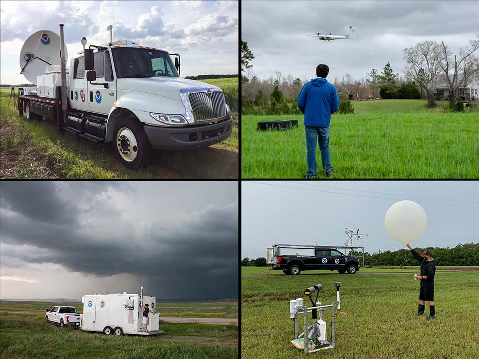 Upper left: Doppler on Wheels white flatbed truck with white dish. Upper right: Male watches drone in flight. Lower left: White pickup with a white trailer parked, with a person on the back giving attention to an instrument. Lower right: Male releasing weather ballon next to a parked black pickup truck and a weather instrument package.