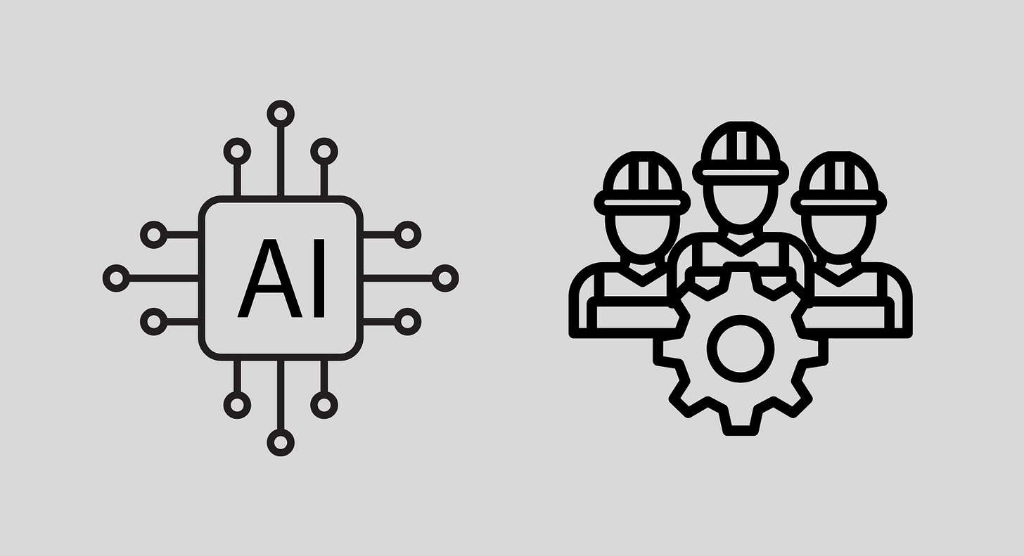 On the left, a square with the letters AI at its center with computing paths emanating from all four side. On the right, three workers with hardhats on in front of a big machine gear.