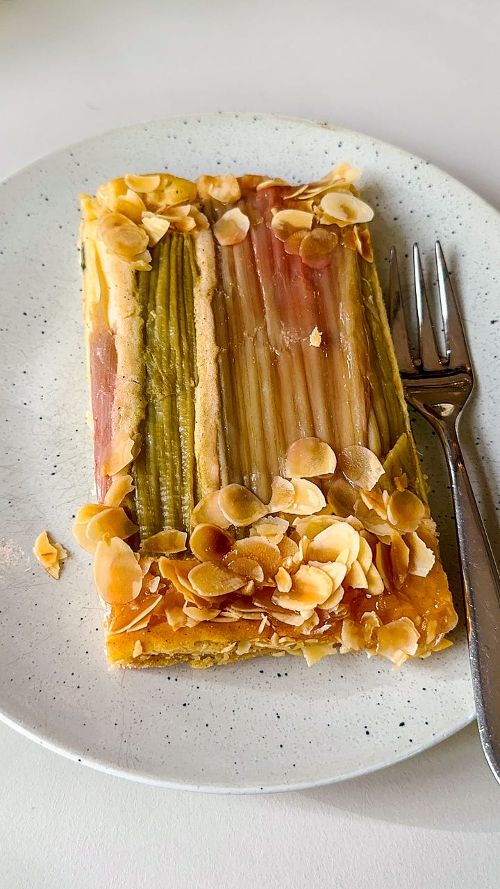 A whole-grain rhubarb and streusel pastry from biokaiser (Mainz), Rhubarberschnecken from Zeit fur Brot (Heidelberg), Rhubarb shortbread thing from liesbeth (Mainz), and a Rhubarb danish from Pâtisserie Charles Schmitt (Colmar)