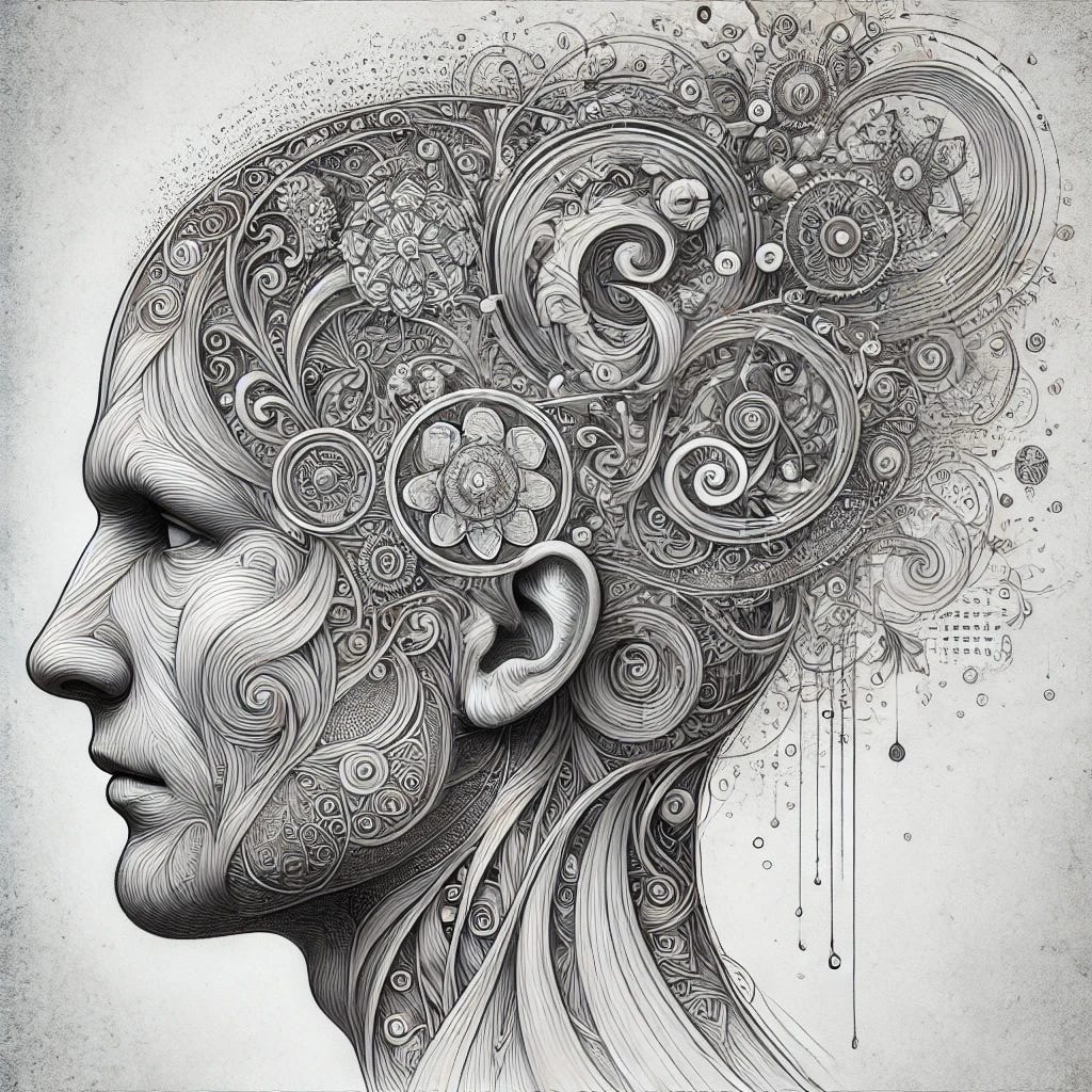 A detailed artistic drawing of a human head in profile view, with the inside of the head revealing a complex network of thoughts. The brain area is illustrated with swirling patterns, floating words, and abstract symbols representing emotions, ideas, and memories. The artwork combines realism with surreal elements, using intricate line work and shading to create depth. The background is minimal to focus on the intricate details within the head.