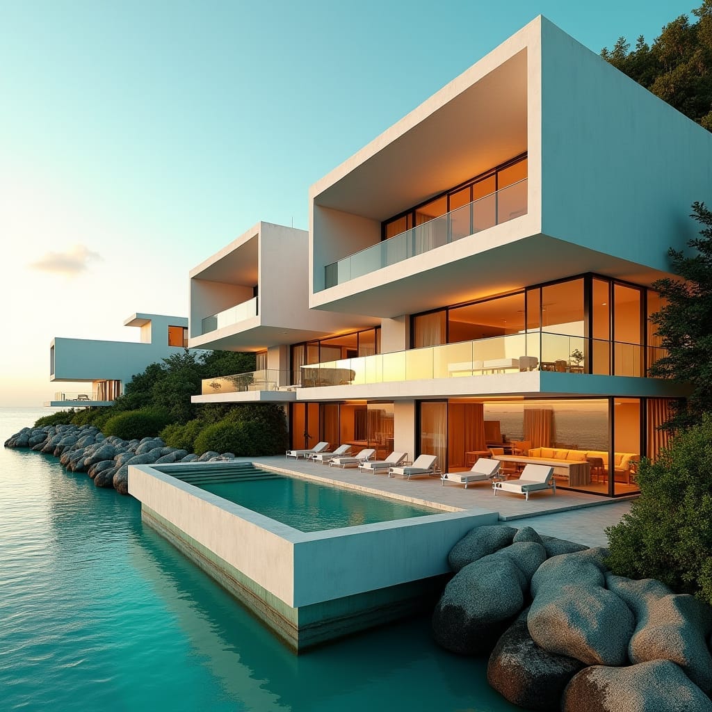 Modern 20-unit Jamaican apartment block in Ochi Rios, situated on a scenic beech coast, with a bold, futuristic design featuring numerous rectangular and square windows, expansive multi-level openings, and protruding balconies, set against a vibrant blue sky with puffy white clouds.