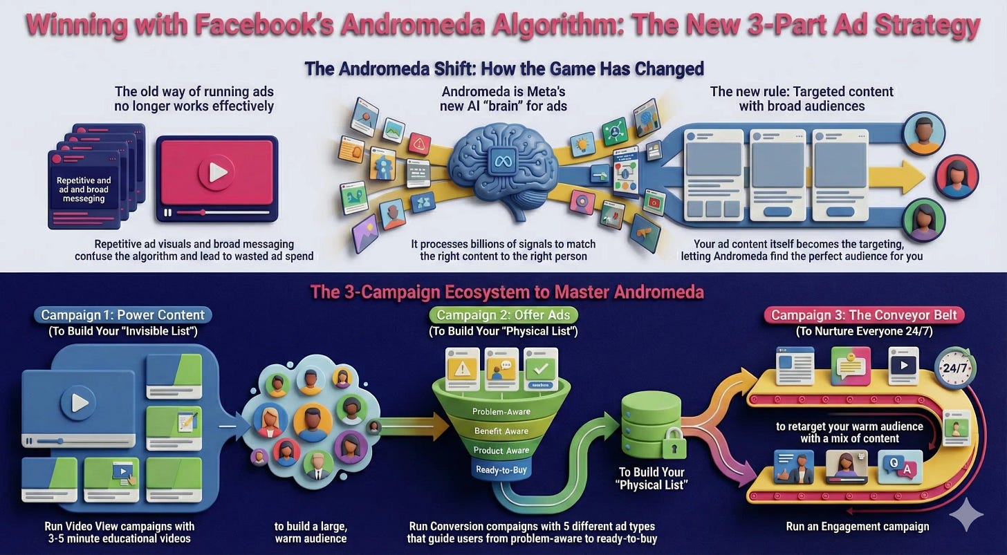 Infographic of Facebook Andromeda 3-part ad strategy: Power Content, Offer Ads, and Conveyor Belt retargeting campaigns