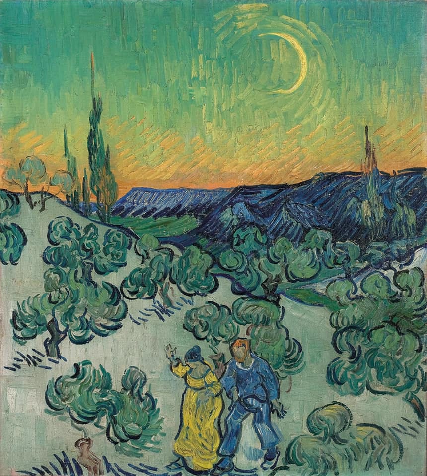A landscape of two figures, a man and a woman, walking among trees and hills, mountains in the background, under a crescent-moon lit sky.