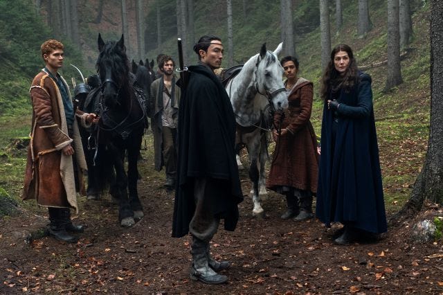 Some of the travelling party in Wheel of Time, a little nervous on the road. Some of the travelling party in Wheel of Time, a little nervous on the road.