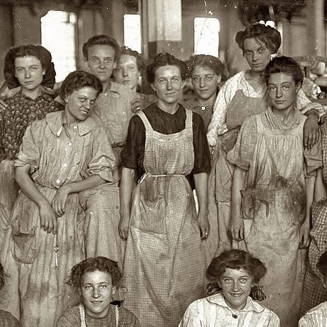 Historic photographs by Lewis Hine showing young women and girls working in early 20th-century American textile mills during industrialization.