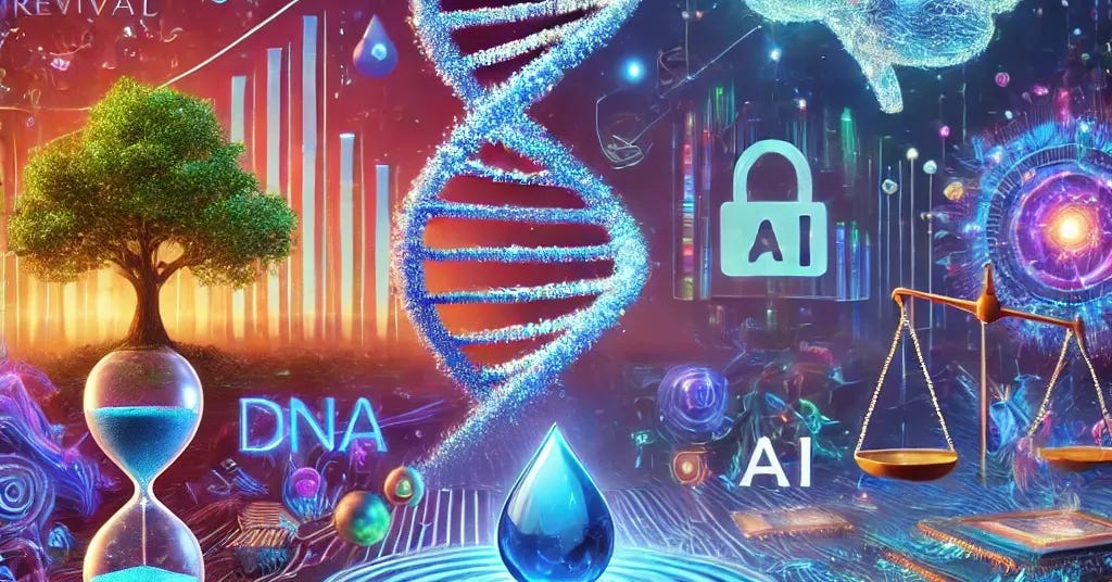 A vibrant and futuristic image showcasing the top innovations in biotech, brain tech, and water tech, with dynamic visual representations like DNA helixes, neural networks, and water purification systems. The scene includes quantum computing elements symbolizing 'Quantum Insights,' with Google Willow subtly represented as a glowing tree symbol. Highlights of cellular revival are displayed with cellular imagery glowing with life, and AI regulation is depicted through balanced scales intertwined with circuit boards. The overall design uses a sleek and modern aesthetic with rich blues, purples, and greens, emphasizing cutting-edge technology and innovation.