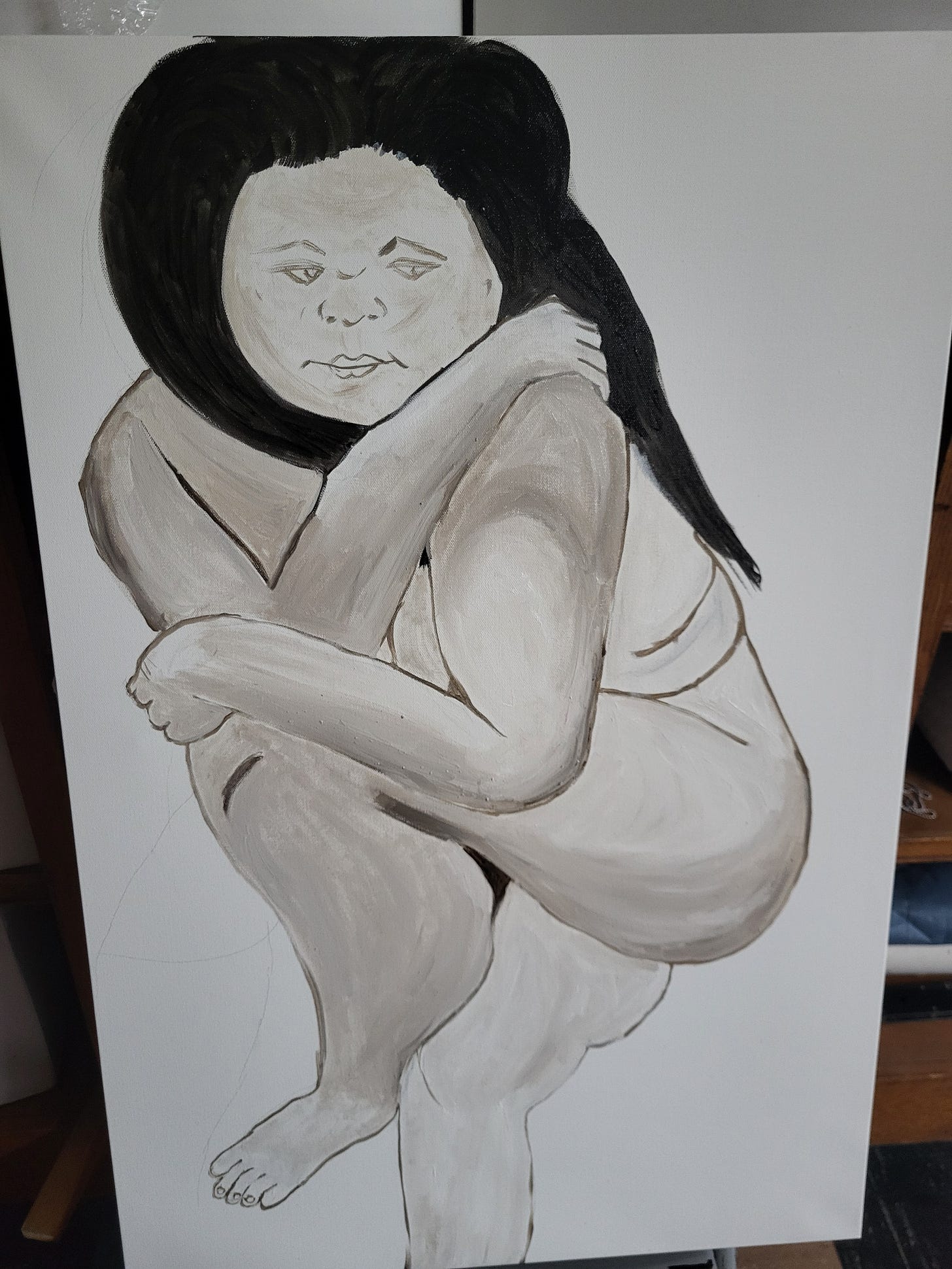 An unfinished oil on canvas painting in white, brown, and black, of a nude, larger-bodied woman