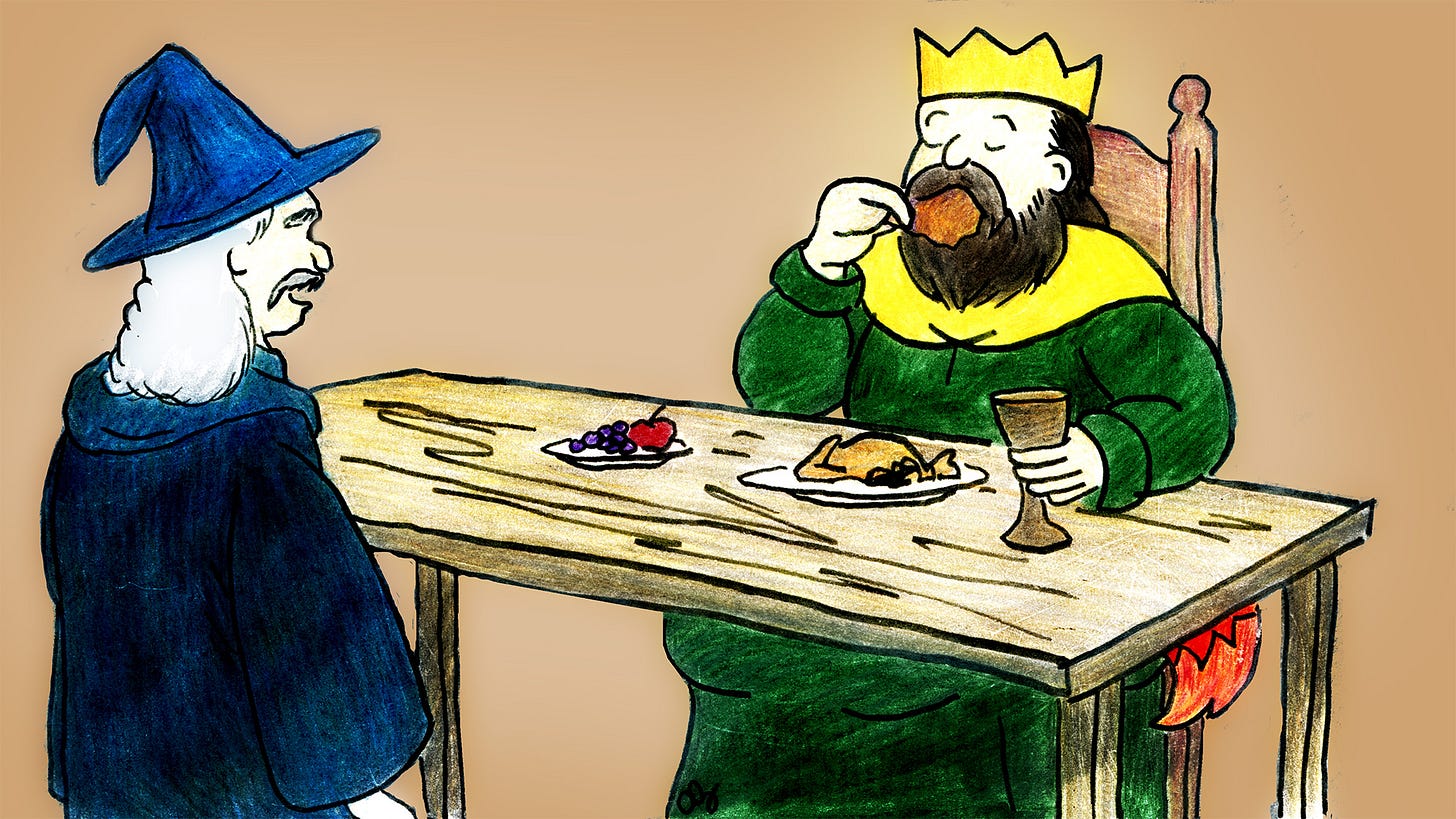 Cartoon illustration of a wizard watching a king eat at a table, with a fox tail hidden beneath the king’s robe.