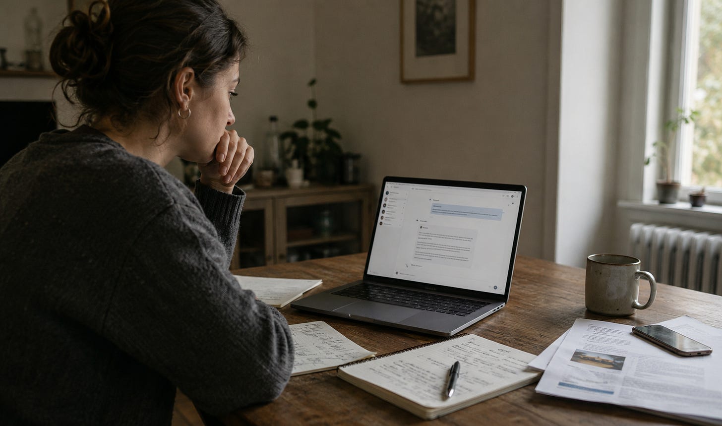 Persoană care analizează un răspuns AI pe laptop, cu notițe și surse pe masă, sugerând felul în care căutarea devine conversație.