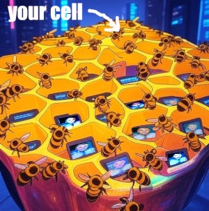 Grok AI rendering of a honeycomb of cubicles with a bee in each sleuthing on their computer.