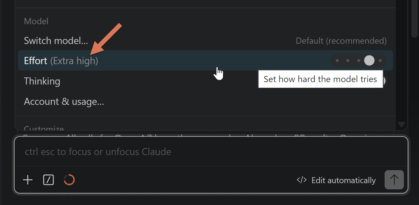 Setting "Extra high" effort in VS Code Claude extension