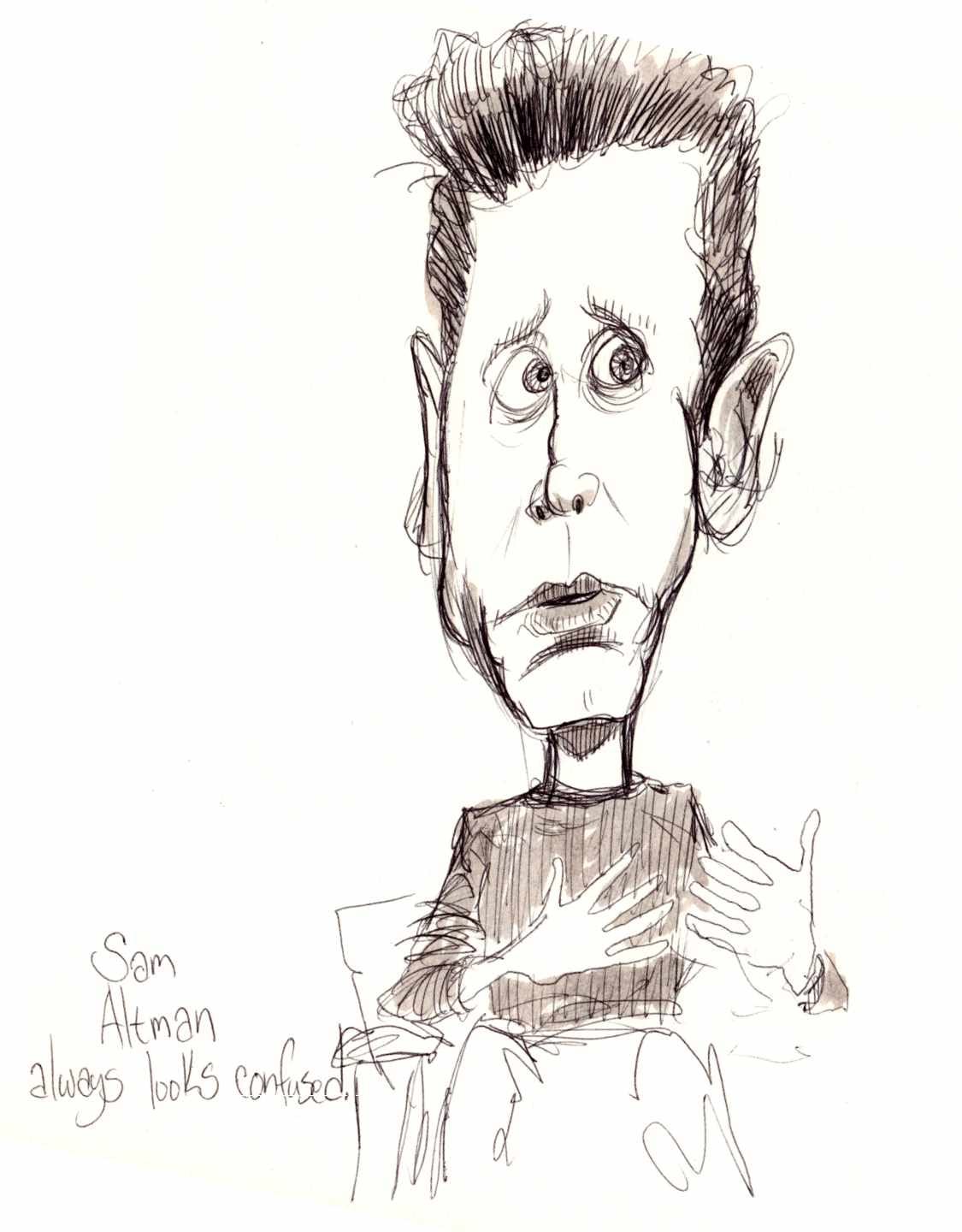Ballpoint and wash sketch of Sam Altman.