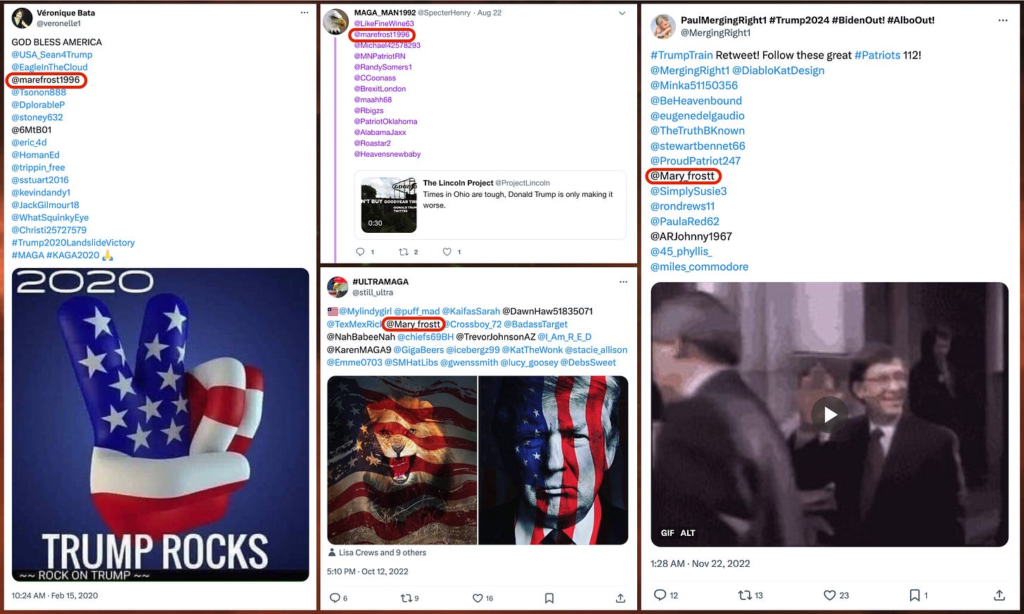 screenshots of four follow train tweets listing @MaryyFrost by previous handles