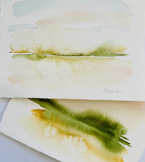 Images of watercolor paintings and painting in process by Katie White