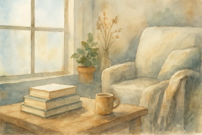 Watercolor illustration of a cozy reading nook with soft morning light, books, a warm blanket, and a mug of tea, creating a peaceful space for year-end reflection for sensitive people.