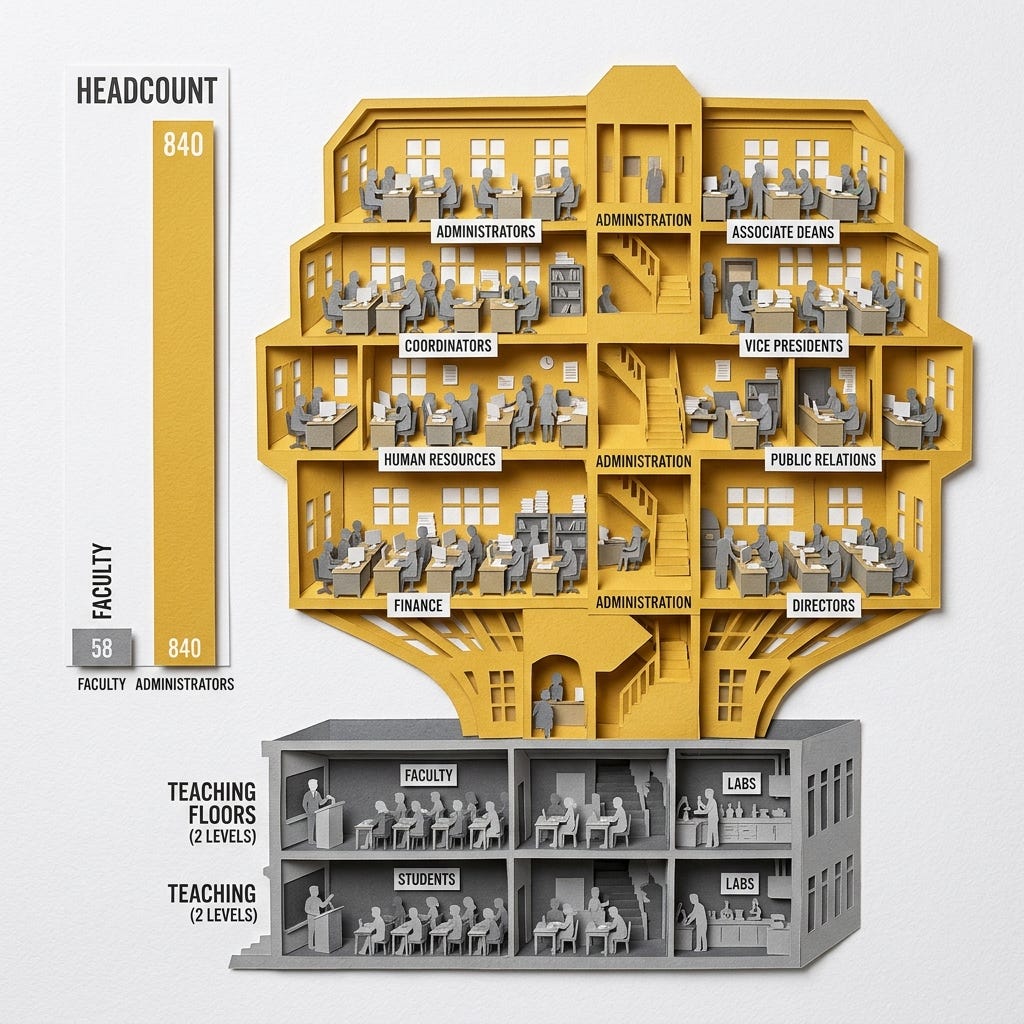 Layered papercut cross-section of a university building showing small grey teaching classrooms with student and professor figures at the bottom, while the upper floors balloon outward into an enormous golden yellow administrative wing packed with rows of grey office figures labeled as administrators, associate deans, coordinators, and vice presidents, with a bar chart to the side showing faculty headcount as a tiny grey bar and administrator headcount as a towering golden yellow bar, illustrating the documented trend by which American university administrative staffing grew at four times the rate of student enrollment between 1975 and 2005 while instructional quality and faculty numbers did not keep pace