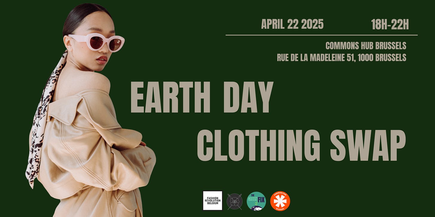 Picture of a woman looking over her shoulder wearing a trench coat and pink sunglasses. The text says 'April 22 2025, 18h - 22h. The Commons Hub Brussels, Rue de la Madeleine 51, 1000 Brussels. Earth Day Clothes Swap.'