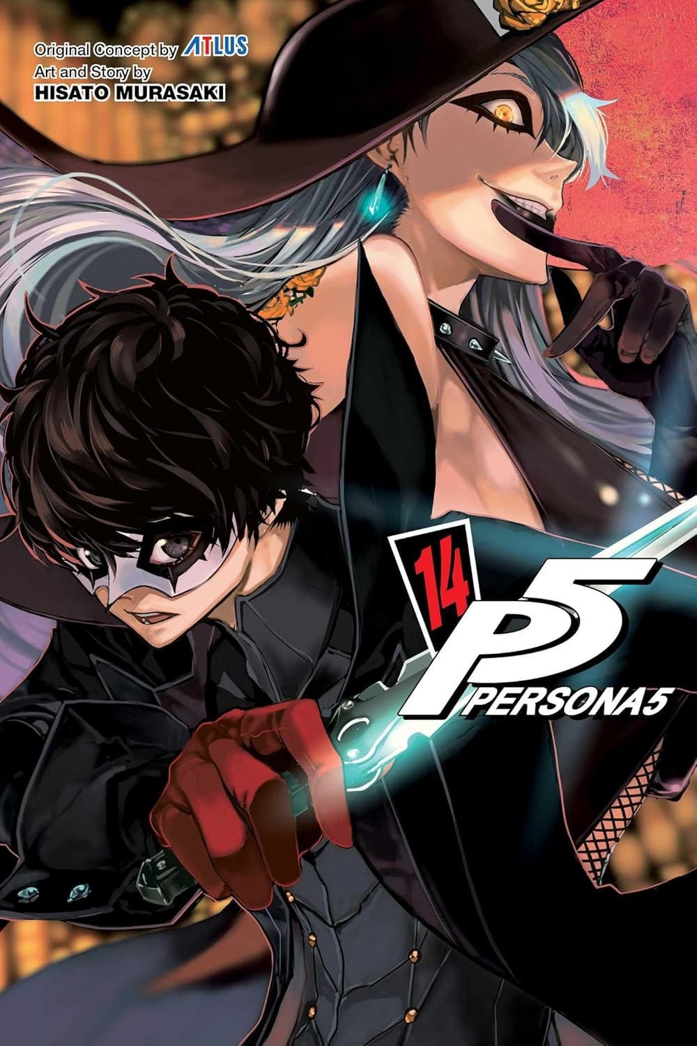 Cover of Persona 5, Volume 14 (English Edition). The same dynamic artwork is used as in the Japanese version, with Joker posed in the foreground, wielding a glowing dagger and wearing his trademark Phantom Thief outfit. Behind him is a sultry, villainous-looking woman in a black witch-like hat with golden roses, silver hair, and a revealing outfit. Her mischievous grin and glowing eyes convey intensity. The background glows with blurred city lights. The English title "Persona 5" and volume number "14" are prominently shown, along with credits to Atlus and Hisato Murasaki. Cover of Persona 5, Volume 14 (English Edition). The same dynamic artwork is used as in the Japanese version, with Joker posed in the foreground, wielding a glowing dagger and wearing his trademark Phantom Thief outfit. Behind him is a sultry, villainous-looking woman in a black witch-like hat with golden roses, silver hair, and a revealing outfit. Her mischievous grin and glowing eyes convey intensity. The background glows with blurred city lights. The English title "Persona 5" and volume number "14" are prominently shown, along with credits to Atlus and Hisato Murasaki.