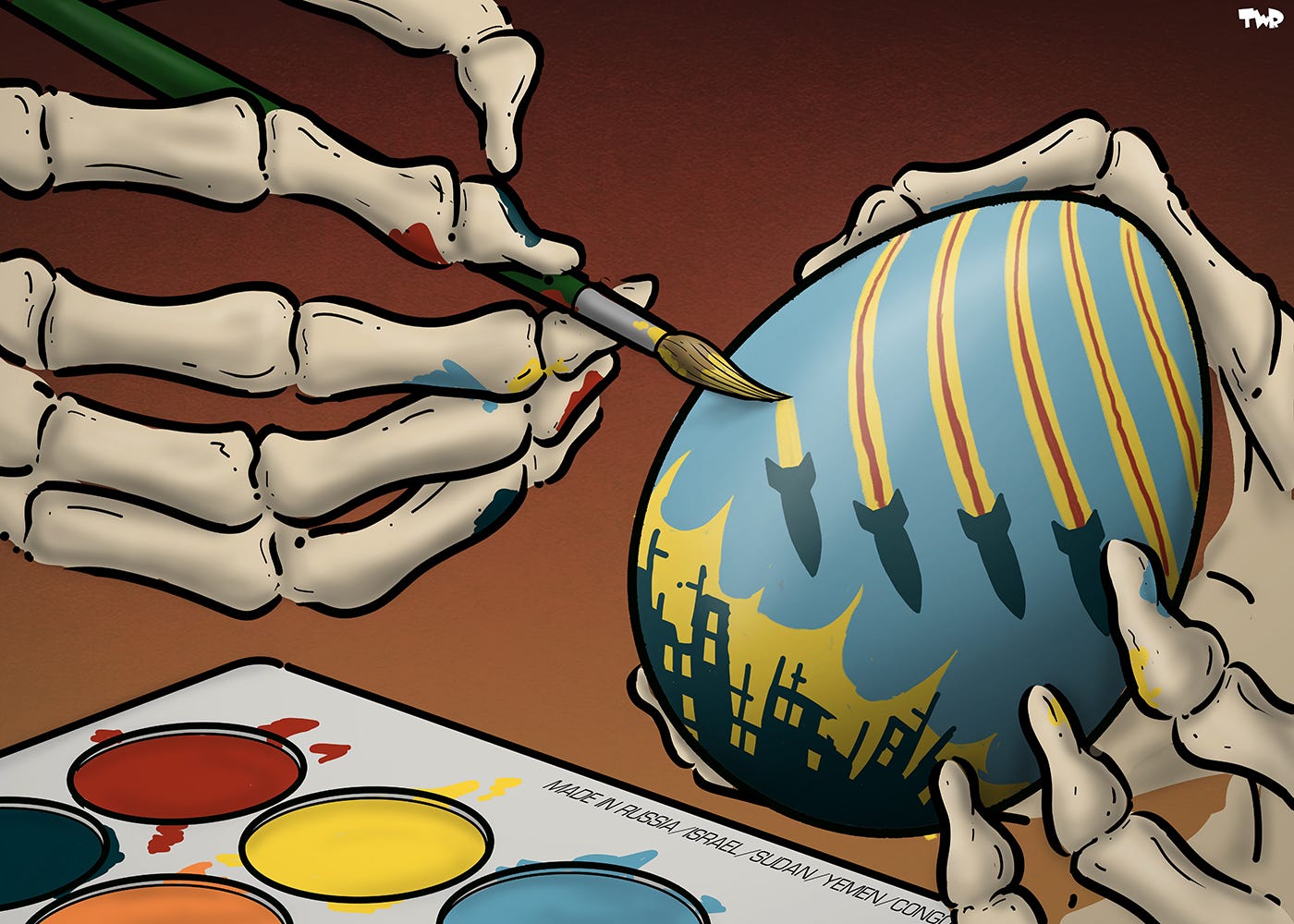 Cartoon showing skeletal hands painting an Easter egg. The design on the egg depicts bombs falling down on a ruined cityscape in flames.