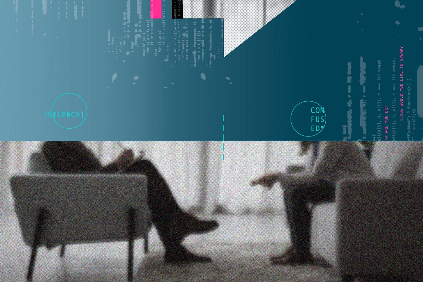 Graphic resembling code with blue background on top half, and person talking with therapist on bottom half
