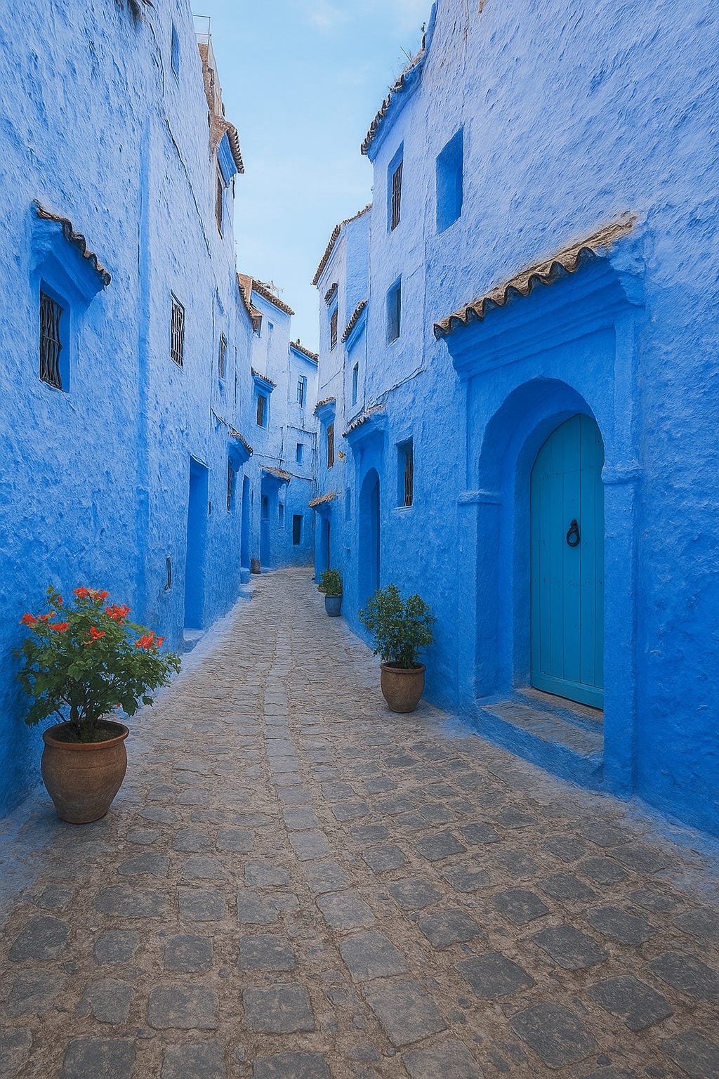 A calm blue alley in Chefchaouen, Morocco, with bright walls, wooden doors, and flowers. Ideal visual for promoting Morocco travel and the free eVisa.
