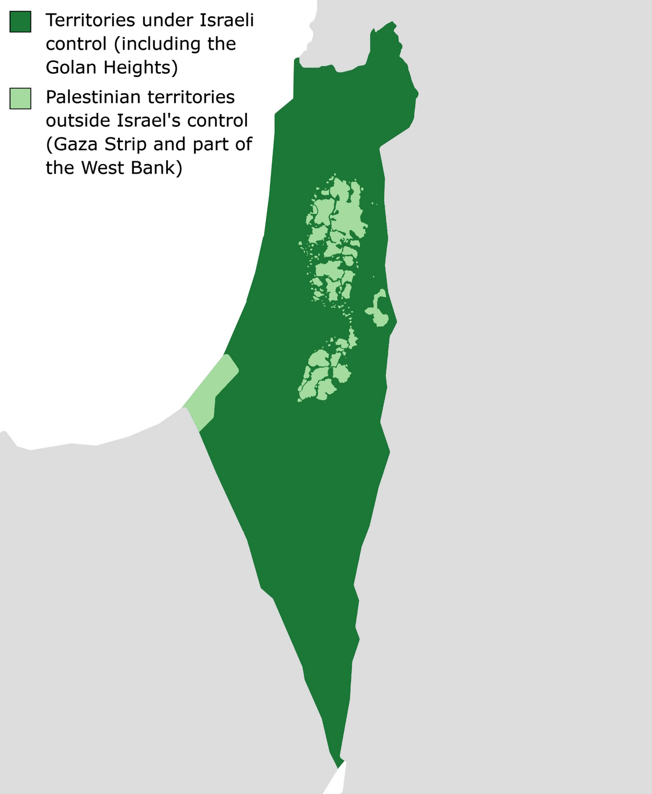 Map showing Israel and Palestinian territories under current de facto control. Dark green indicates territories under Israeli control including the Golan Heights. Light green indicates Palestinian territories outside Israeli control: the Gaza Strip in the southwest and the fragmented, disconnected areas of the West Bank in the centre. The map illustrates the current territorial reality the article addresses.