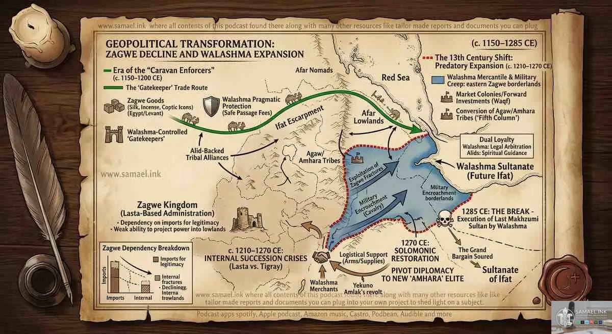 A high-resolution archival photograph of a seared, medieval-style parchment scroll laid flat on a dark, rustic wooden desk. The map, titled "GEOPOLITICAL TRANSFORMATION: ZAGWE DECLINE AND WALASHMA EXPANSION (c. 1150–1285 CE)," illustrates the shifting power dynamics in the Horn of Africa. A green line depicts the "Caravan Enforcers" trade route from the Red Sea through the "Ifat Escarpment" to the "Zagwe Kingdom." Blue-shaded areas indicate "Walashma Mercantile & Military Creep" and "Military Encroachment (Cavalry)" into the eastern Zagwe borderlands. A "Zagwe Dependency Breakdown" chart in the corner shows declining internal power vs. high import dependency. Icons include a skull for the "1285 CE: Execution of Last Makhzumi Sultan" and a handshake for the "Solomonic Restoration" alliance. The image is overlaid with a faded, professional watermark for www.samael.ink listing various podcast platforms. A high-resolution archival photograph of a seared, medieval-style parchment scroll laid flat on a dark, rustic wooden desk. The map, titled "GEOPOLITICAL TRANSFORMATION: ZAGWE DECLINE AND WALASHMA EXPANSION (c. 1150–1285 CE)," illustrates the shifting power dynamics in the Horn of Africa. A green line depicts the "Caravan Enforcers" trade route from the Red Sea through the "Ifat Escarpment" to the "Zagwe Kingdom." Blue-shaded areas indicate "Walashma Mercantile & Military Creep" and "Military Encroachment (Cavalry)" into the eastern Zagwe borderlands. A "Zagwe Dependency Breakdown" chart in the corner shows declining internal power vs. high import dependency. Icons include a skull for the "1285 CE: Execution of Last Makhzumi Sultan" and a handshake for the "Solomonic Restoration" alliance. The image is overlaid with a faded, professional watermark for www.samael.ink listing various podcast platforms.