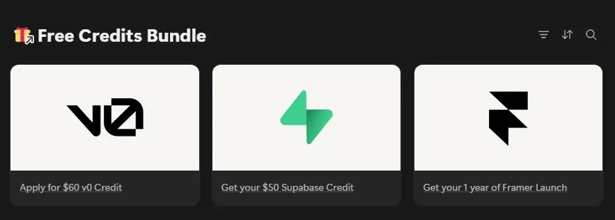 Logos of v0, Supabase, and Framer from The VC Corner credit bundle