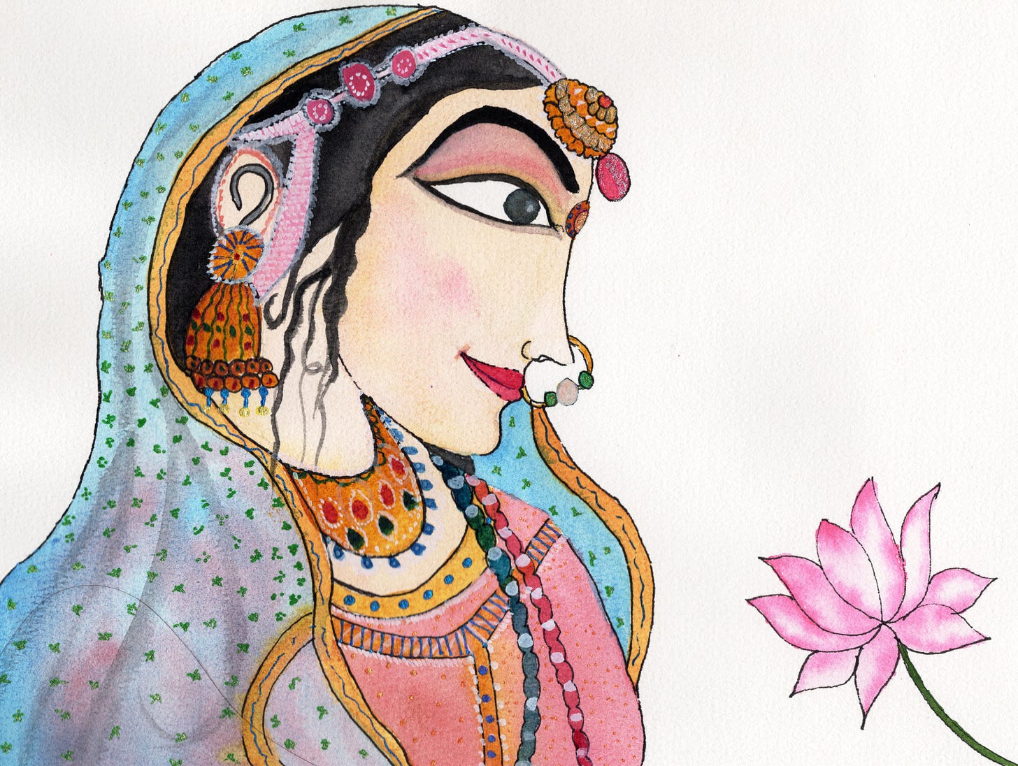 Watercolour portrait of a South Asian woman in profile, wearing a blue veil and colourful traditional jewellery, gazing toward a pink lotus against a white background.