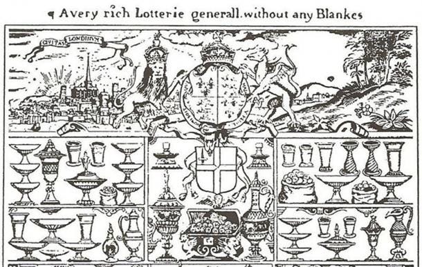 English Lottery Scroll 1566 from the first recorded official lottery was chartered by Queen Elizabeth I. (Ronshelley / CC BY_SA 3.0)