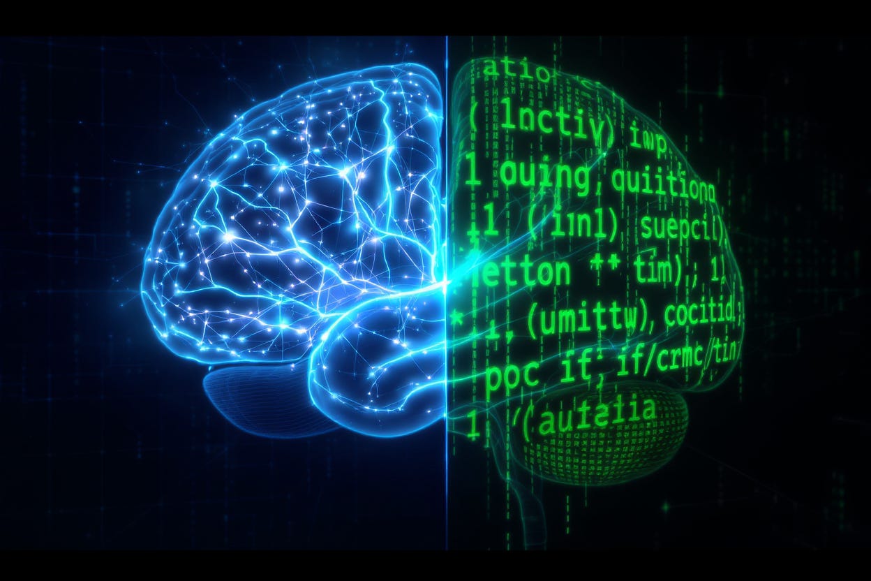 Split image comparing human neural networks with AI code streams, illustrating parallel predictive processing systems