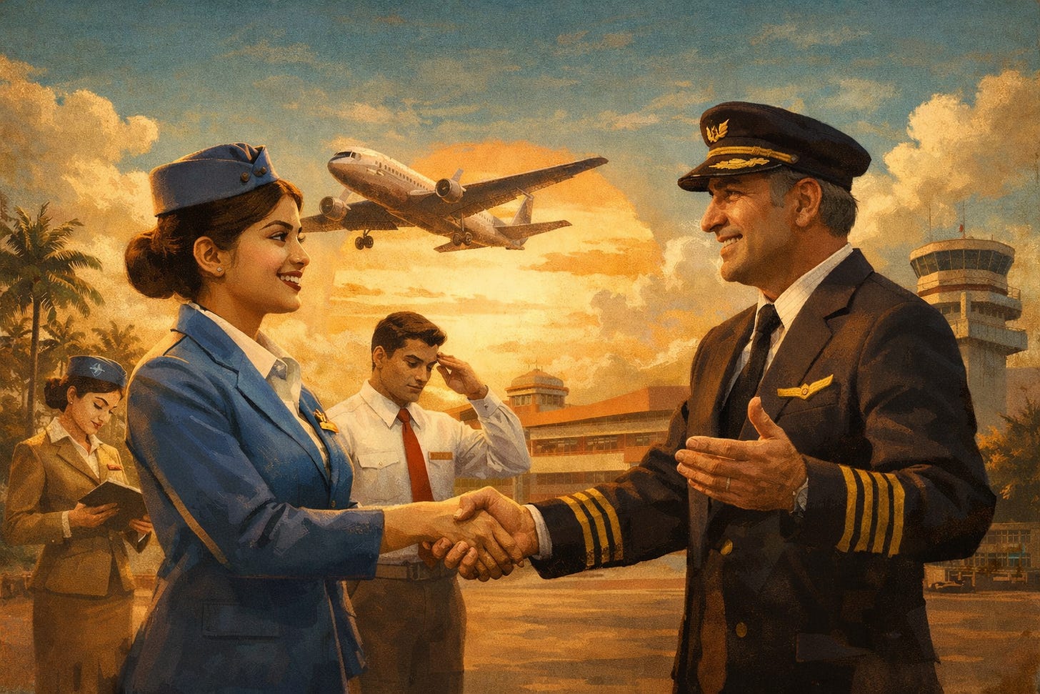 A mentor shaking hands with a student at a cabin crew academy to symbolize professional growth and career success in aviation. A mentor shaking hands with a student at a cabin crew academy to symbolize professional growth and career success in aviation.