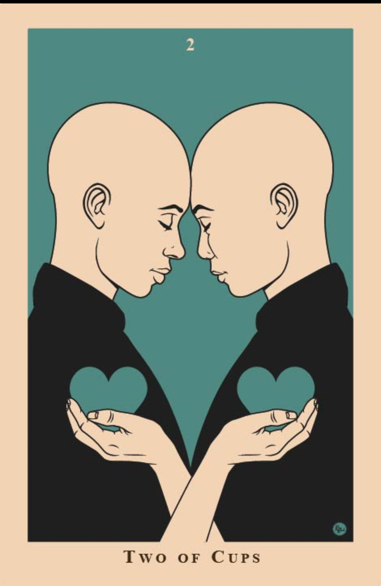 An illustrated image of two bald figures intimately touching heads while holding each others' hearts.