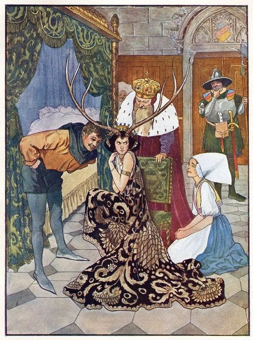 This may contain: an image of a woman dressed up as a princess and two men in costume with antlers on their heads